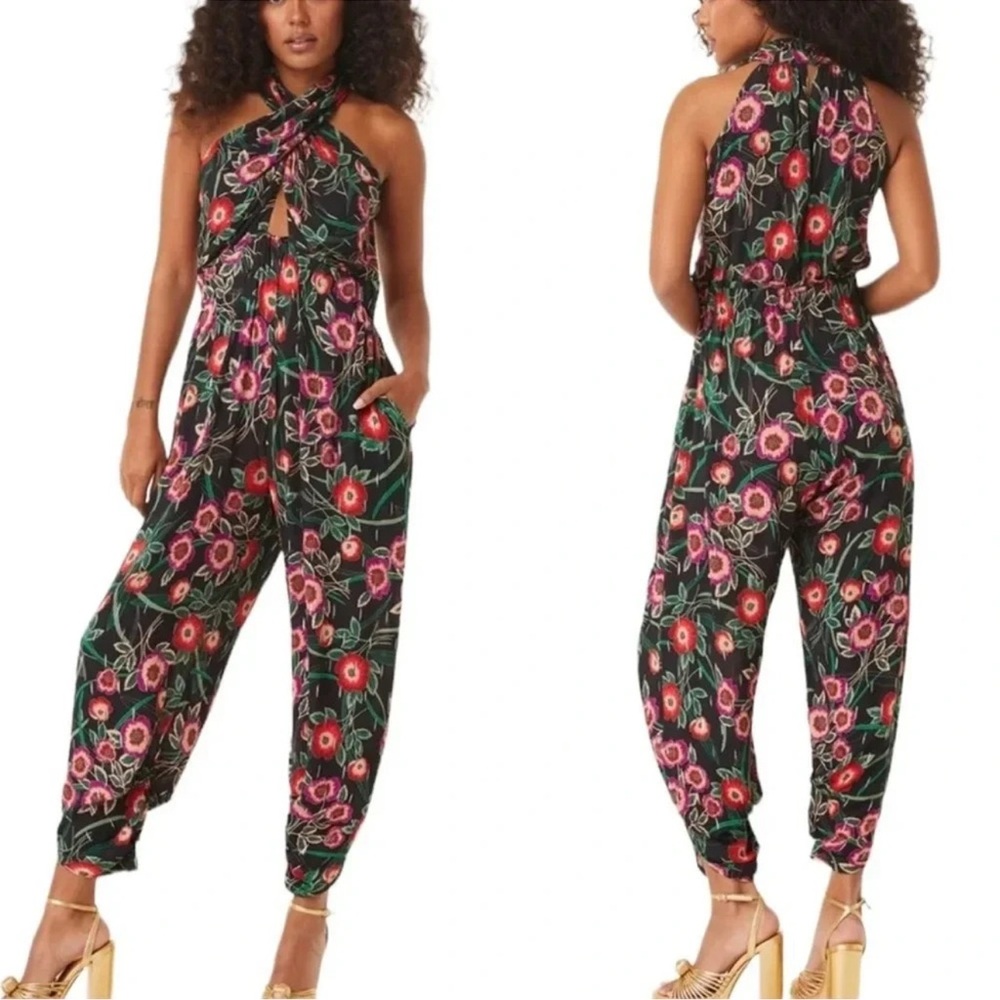 STUNNING MISA Halter Kora Floral Jumpsuit With Shimmer Flecks, Pockets, XS-L